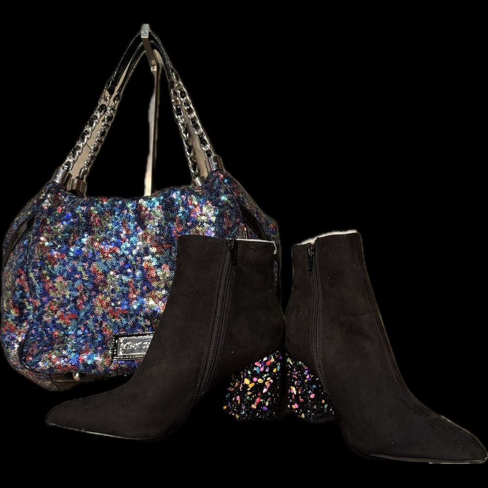Betsey Johnson Simply Divine Duo – River Rock Booties + Sequin Shoulder Bag